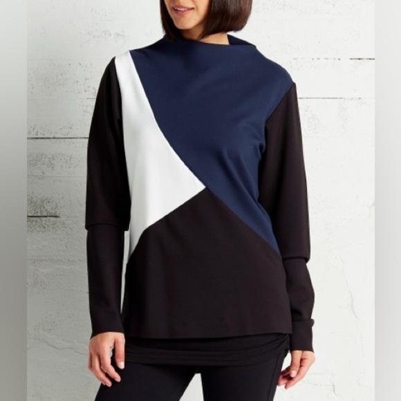 Planet By Lauren G Medium Scuba Tri-Color Top Geometric Long Sleeve‎ Mock Neck - Picture 1 of 7